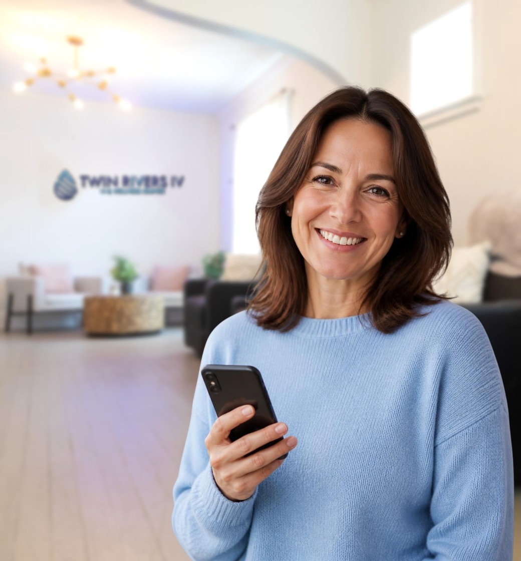 A smiling woman holding her phone in a Twin Rivers lounge
